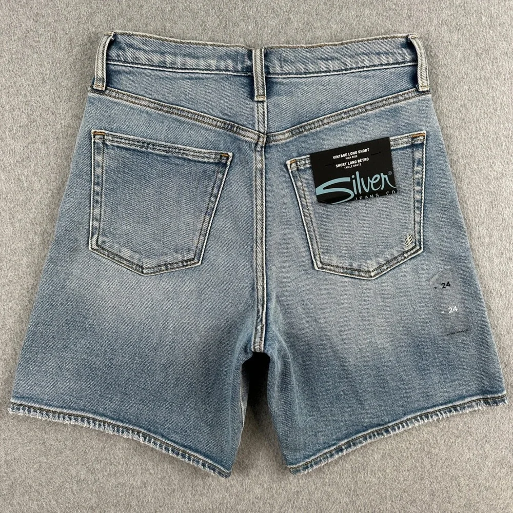 NEW Silver Jean Shorts Denim Womens 24 Indigo Vintage Long High Rise Whisker NWT